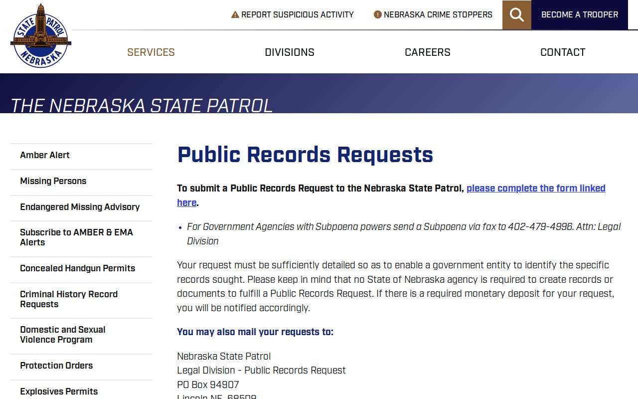 Arthur County arrest history Nebraska State Patrol records request page