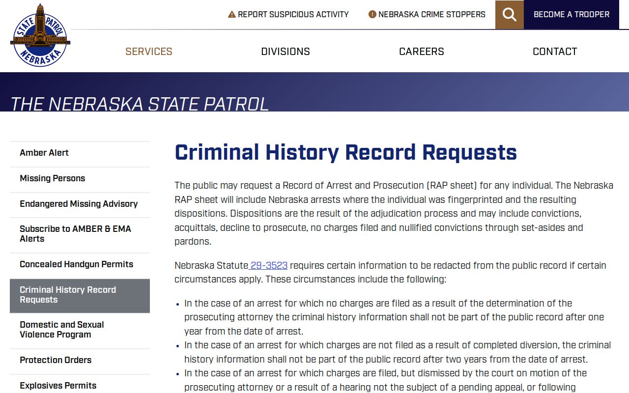 Arthur County criminal history Nebraska State Patrol request page